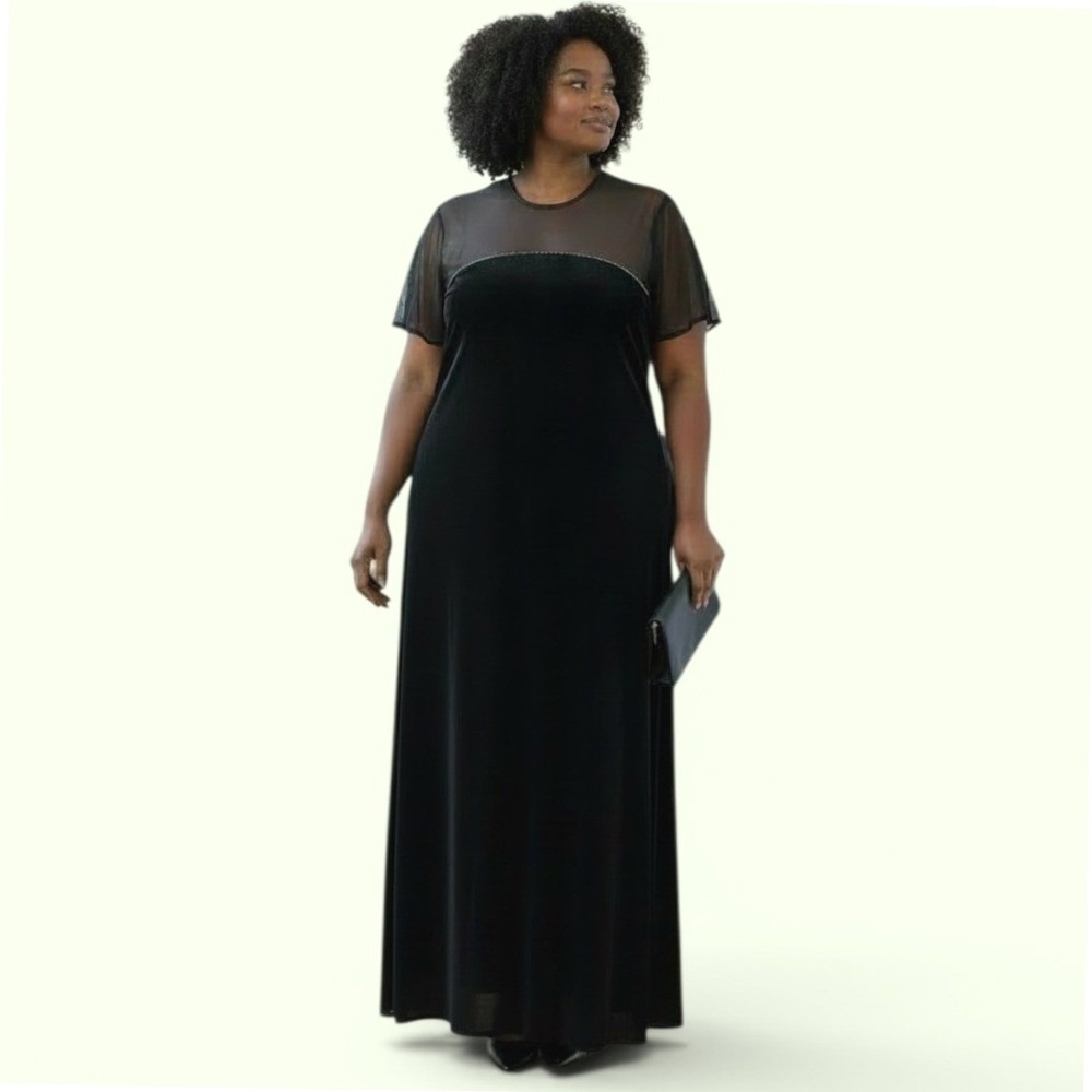 JR Nites Woman Black Velvet Mesh Yoke Beaded Maxi‎ Dress Vintage Size 20
